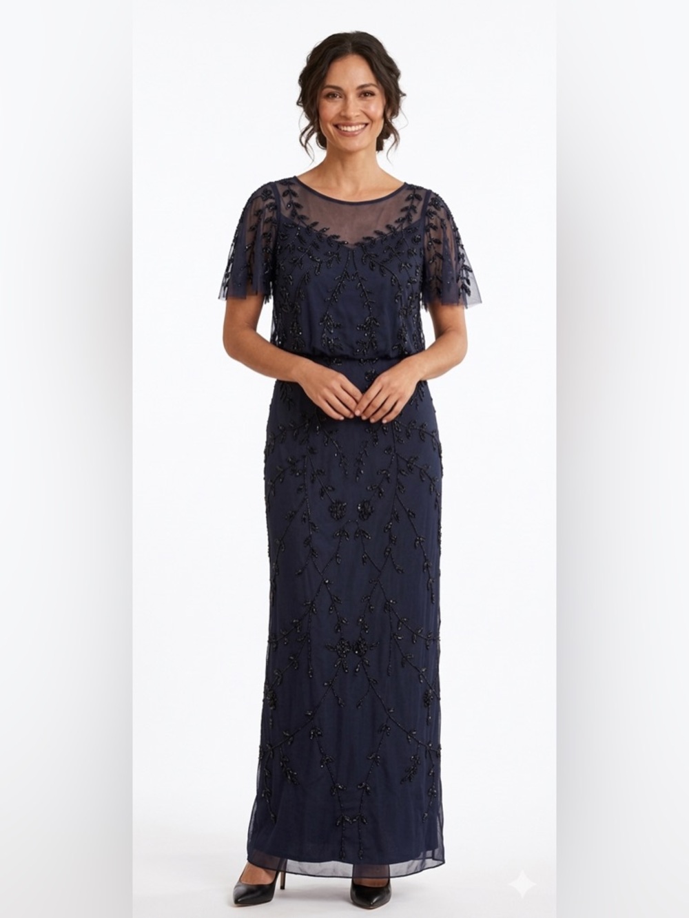 Adrianna Papell Navy Beaded Mesh Maxi Dress